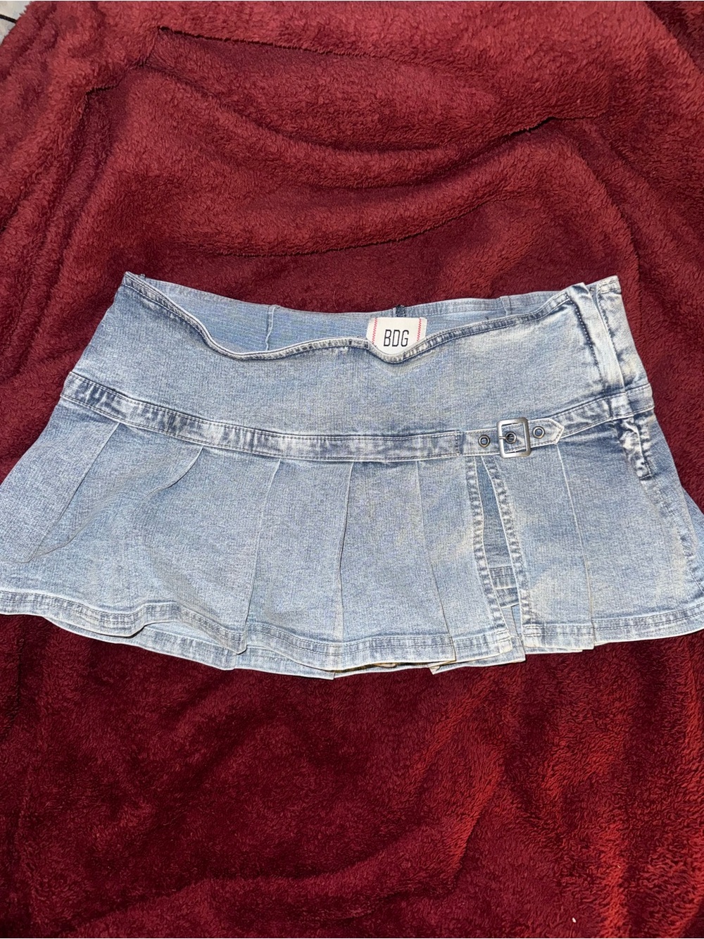 BDG Light Blue Denim Pleated Mini Skirt with Side Buckle